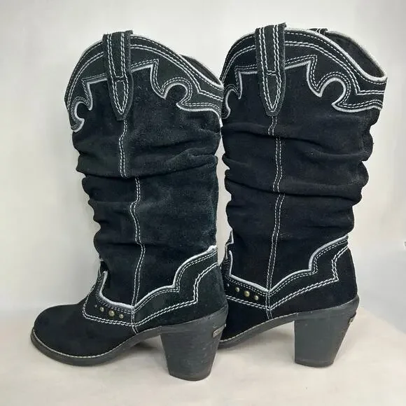 Report Ladies MOLLY Heeled Western Slip On Cowboy Black Suede Boots Size 6 - Picture 2 of 6